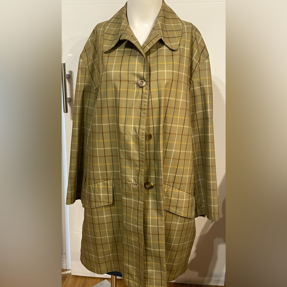 Vintage Brooks Brothers Women's Button Jacket Trench Mid Length, Beige Plaid, Lg